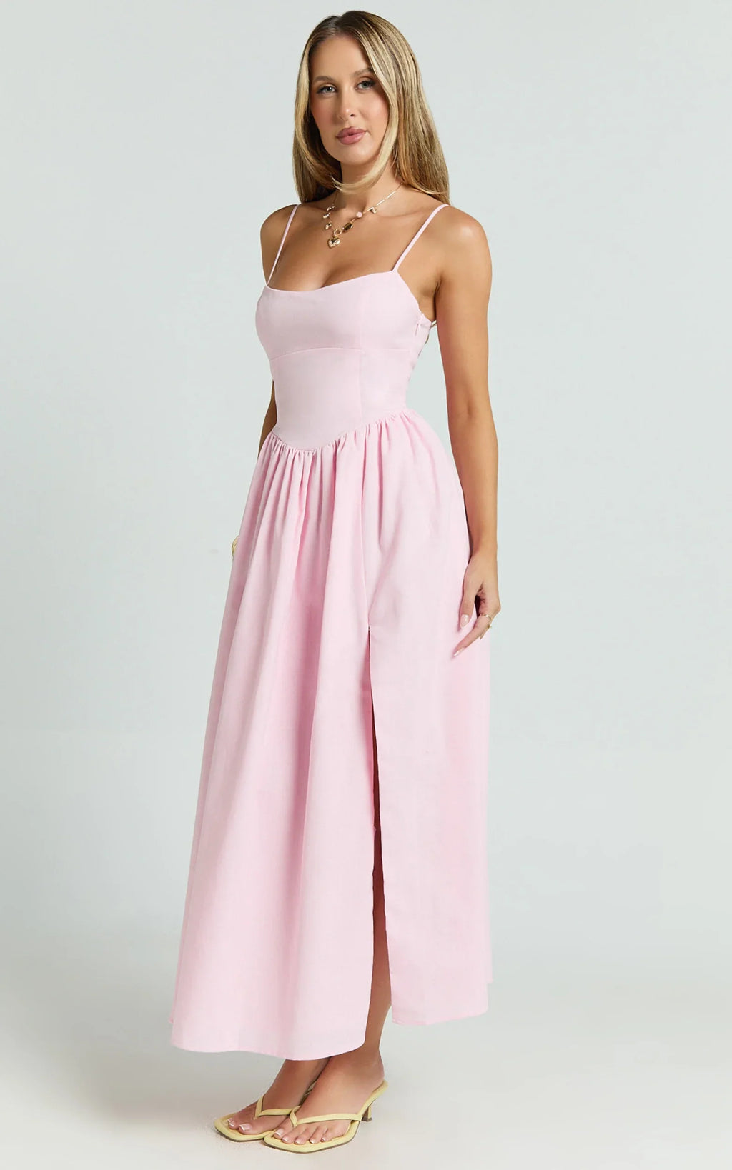 Morris Midi Dress - Linen Scoop Neck Gathered Dress in Pink