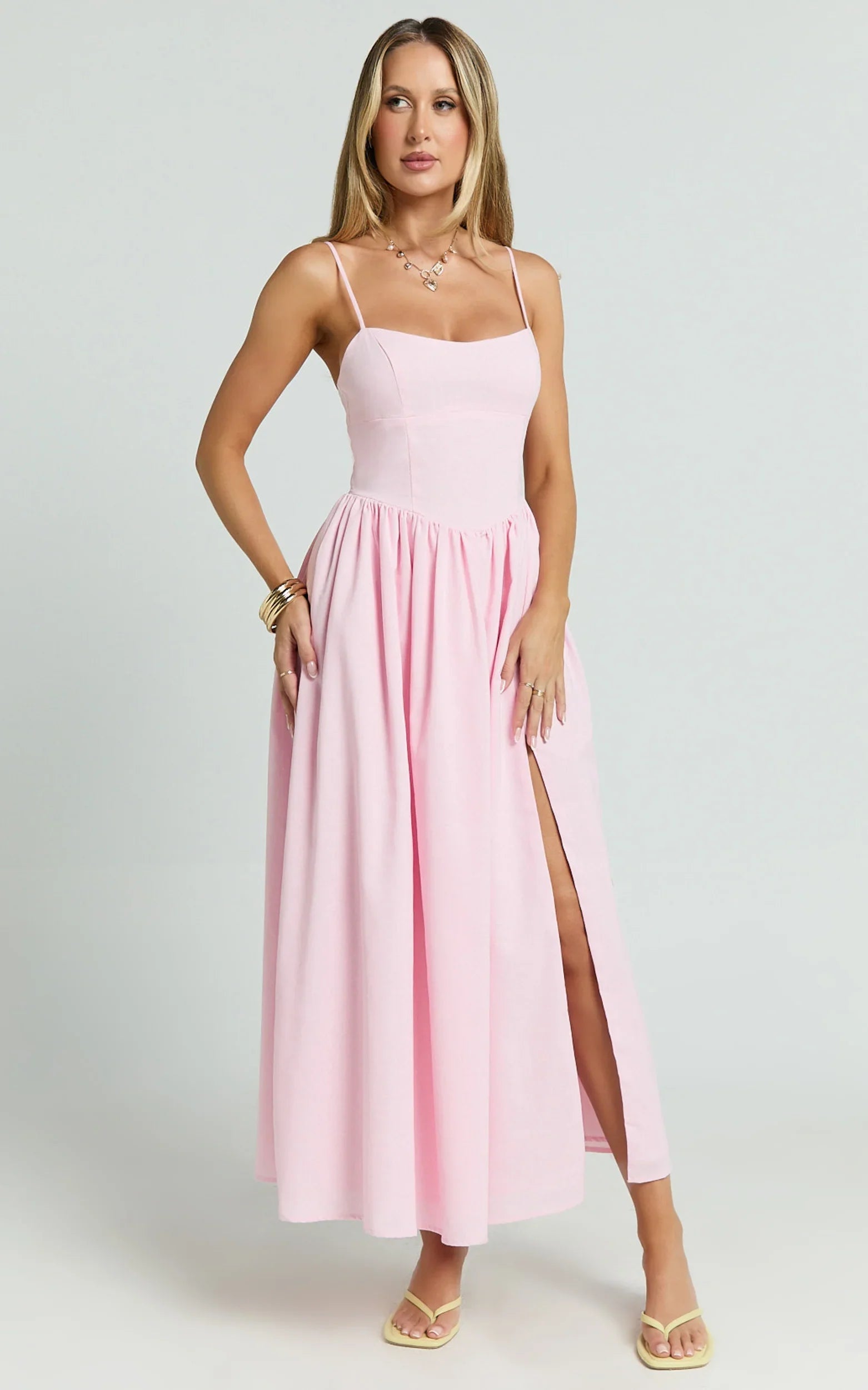 Morris Midi Dress - Linen Scoop Neck Gathered Dress in Pink